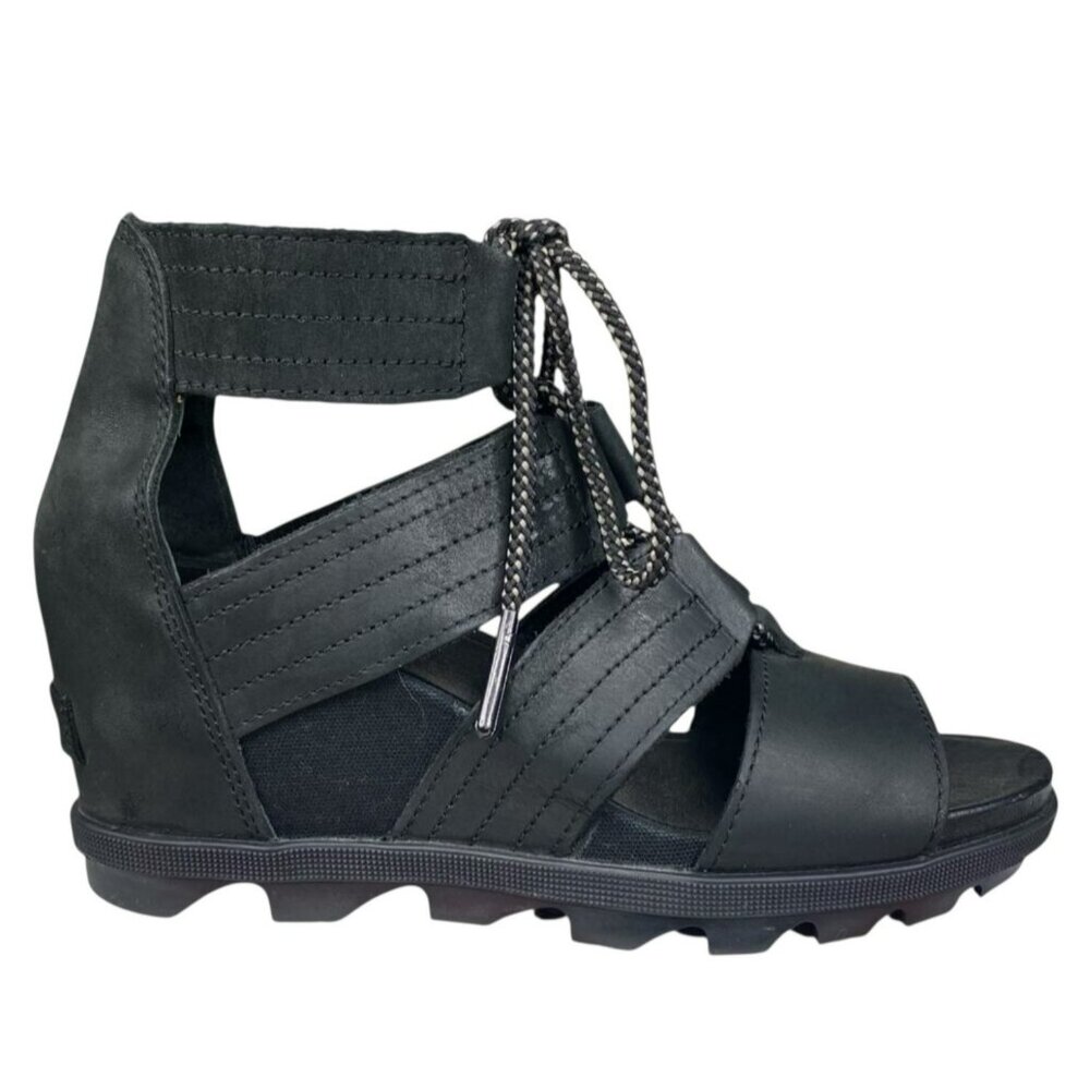 Sorel Joanie Gladiator Wedge Womens 8 Leather Sandals Black Lace-Up NWOT